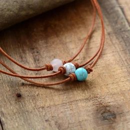 Choker Natural Stone Leather Rope Handmade Necklace For Women Vintage Bohemia Turquoise Bead Simple Woven Wholesale