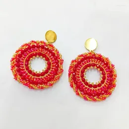 Dangle Earrings Beaded Circle Crystal Red Spiral Originality Tide Hand Knitting Bohemia Alloy Geometry Rice Bead