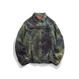 Men Streetwear Denim Jacket Ripped Hole Hip Hop Harajuku Jeans Autumn Loose Retro Coat Outwear Cotton 240202
