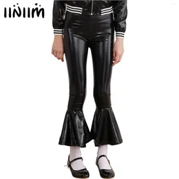 Stage Wear Kids Girls Disco Dance Bell-Bottom Shiny Metallic Flare Pants Leggings Yoga Ruffle Trousers Mardi Gras Performances Dancewear