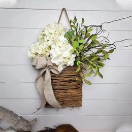 Decorative Flowers Spring Hydrangea Basket Wreath Simulation Rattan Door Hanging
