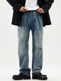 Men's Jeans YIHANKE Style Ripped American High Street Loose Straight Retro Long Pants Streetwear Men Baggy