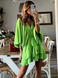 Casual Dresses V-neck Tierred Mini Green Party Dress Ruffle Spring Batwing Sleeve Short Loose Summer Vestidos Women Clothing