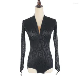 Stage Wear V-Neck Latin Dance Tops Black Stripe Bodysuit Tango Ballroom Clothes Adult Women ChaCha Samba Rumba Dancewear DL11455