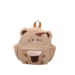 School Bags Khaki Plush Backpack Girls Korean Cute Bear Muilt Pocket Rucksack Women Embroidery Shoulder Bag College Style Student Schoolbag