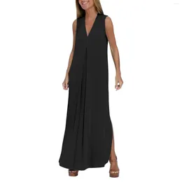 Casual Dresses Summer Long For Women Solid Color V Neck Loose Boho Beach Sundress Side Slit Holiday Tank Party Dress Vestido