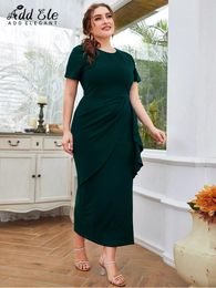 Plus Size Dresses Add Elegant Summer Women's Dress Waist Hem Side Slit Gentle O Neck Female Ruffles Hip Wrap Office Lady B328