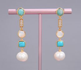 GuaiGuai Jewelry White Keshi Pearl shell Blue Turquoise Amazonite Drop Stud Earrings Handmade For Women Real Gems Stone Lady Fashi7304495