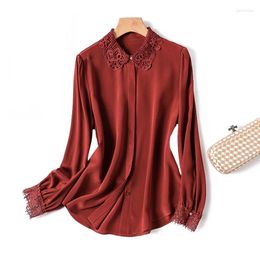 Women's Blouses Elegant Fashion Silk Satin Shirt Turn Down Collar Long Sleeved OL Blouse Patchwork Women Lace Tops