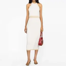 Casual Dresses Quality Spot 2024 Summer Sleeveless Button Stretch Midi Length Hip Slim Net Red Versatile Knitted Dress