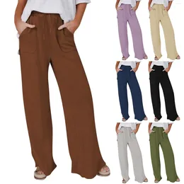 Women's Pants Linen Summer Palazzo Flowy Wide Leg Beach Casual Pant Trousers With Pockets Womens
