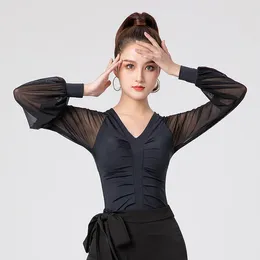 Stage Wear Nylon Latin Dance Training Clothes For Women Lantern Long Sleeved Fashion Modern Top Social