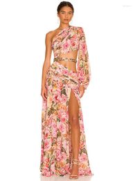 Casual Dresses Women Summer Dress 2024 Sexy Long Sleeve One Shoulder Floral Chiffon Maxi Elegant Split Evening Party