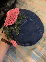 Berets 202412-2509148 Ins Chic Design Style Spring Denim Pink Beaded Flowers Shine Luxury Lady Beret Cap Women Leisure Painter Hat