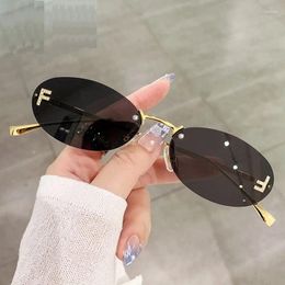 Sunglasses Women Quality Cat Eye Small Sun Glasses Men Rimless Eyewear Retro Letter Oval F UV400