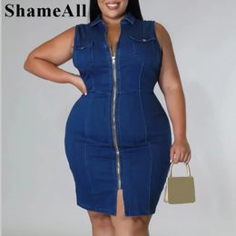 Plus Size Turn Down Collar Super Stretchy Jean Bodycon Dress 4xl Summer Front Zipper Pinafore Dress Sleeveless Club Jumper Skirt 240202