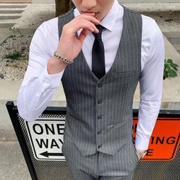 Men's Vests Fashion Men Business Chequered Striped Suit Vest Black / Grey Single Breasted Wedding Waistcoat