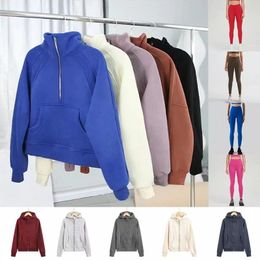 Scuba Fall Winter Yoga Wear Lu Dive Hoodie Women's Plus Velvet Padded Jacket Hoodie Sports Half Zip Sweater Designer Sweater Loose Crop Dress