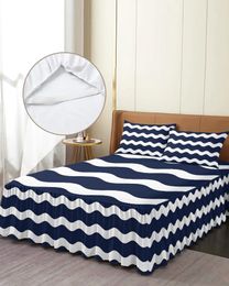 Bed Skirt Navy Blue Ripple Waves Elastic Fitted Bedspread With Pillowcases Protector Mattress Cover Bedding Set Sheet
