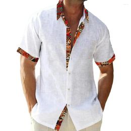 Men's Casual Shirts Men Cuff Placket Shirt Summer Beach With Turn-down Collar Short Sleeves Color Matching Print Loose Fit For Holiday