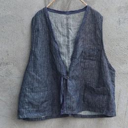 Women's Vests QPFJQD Female Retro Linen Vest Coats V-Neck Patchwork Pockets 2024 Autumn Spring Women Chinese Style Single Button