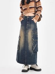 Skirts GUUZYUVIZ Autumn And Winter High Waist Workwear Large Pocket Denim Skirt Women Blue Vintage