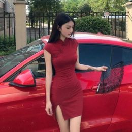 Party Dresses Sexy Red Dress Women Slim Short Sleeve Stand Neck Cheongsam Summer Buttons Tight Slit Mini Bag Hip Nightclub Vestidos