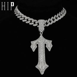 Hip Hop Letter Ice Cross Sword Necklace with 13mm Cuban Chain Rap Singer Pendant Necklace 240210