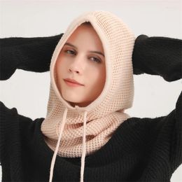 Scarves Waffle Drawstring Hood Balaclava Magic Knitted Scarf Women Beanie Solid Bonnet Elastic Pullover Cap Winter Warm Wool Neck Collar