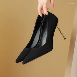 Dress Shoes Top Black Suede Women Pumps Shallow Pointed Toe Office Working Stilettos Elegant Iron Thin High Heels Prom Party Zapatos