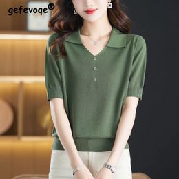 Women's Clothing 2023 Summer Korean Fashion Elegant Ice Silk Knitted Tshirt Solid Colour V Neck Short Sleeve Loose Pullover Tops 240124
