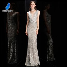 DEERVEADO Elegant V Neck Sequin Evening Dress Long Women Mermaid Formal Dress Party Gown Bodycon Maxi Prom Dress 240202