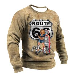 T Shirt For Men Vintage Route 66 Printed Motorcycle Long Sleeve Mens Tshirt Tops O Neck Oversized Casual Pullover 5xl 240201