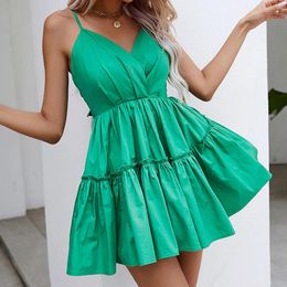 Casual Dresses Green Spaghetti Strap Backless For Women Summer Sexy V Neck Ruffles Party A Line Dress High Waist Swing Prom Robe