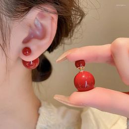 Stud Earrings Fashion Oil Dropping Red Pearl Round Simple Retro Elegant Two-wear Female Jewelry