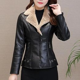 Fall Winter Women Jacket Thick Plush Faux Leather Solid Colour Turn-down Collar Zip Up Zipper Pockets Long Sleeve Cardigan Warm S 240129