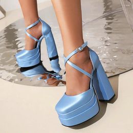 Sandals Big Size 45 46 Blue Rose Color Ultra High Heeled Women Summer Shoes Closed Toe Cross Strap Platform Party Wedding Heels