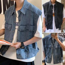 Men's Vests Men Denim Vest Solid Colour Turndown Collar Loose Streetwear Hip Hop Single Breasted Cargo Waistcoat For Daily Wear