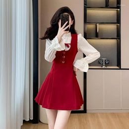 Work Dresses 2024 High Quality Retro Dress Sets Women Sanding Small Fragrance Long Sleeve Shirt Slim Waist Straps Mini Elegant