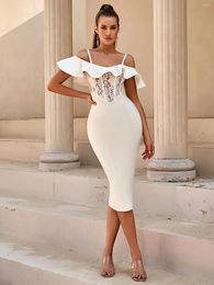 Casual Dresses Designer Fashion Women White Summer Bodycon Bandage Dress Spaghetti Strap Off Shoulder Ruffles Knee Length Elegant Formal