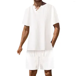Men's Tracksuits Short Sleeve And Shorts Set Summer Cotton Linen Solid Colour T Shirt 2 Piece Suit Mens Tuxedo