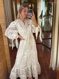 Casual Dresses Crochet Lace Long Sleeves Maxi Dress Women Woven Elegant Sling Slim Fashion Autumn Female High Street Vestidos