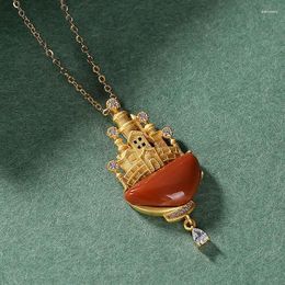 Pendants Silver Natural South Red Jasper Castle Pendant Necklace With Unique Ancient Gold Craft Light Luxury Noble Women's Brand Jewelry