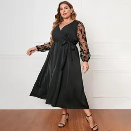 Plus Size Dresses Tie Waist Dress Elegant V-neck Embroidered Lace Mesh Midi With Long Sleeves Belt For Women High Wrap Hem