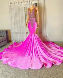 Pink Beaded Crystal Long Prom Dress For Black Girls O Neck Birthday Party Gowns Mermaid Formal Gown Robe De Bal