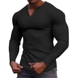 Spring Solid Colour Slim Fit Long Sleeve Tshirt Mens Small Vneck Breathable Sports Coat Waffle Cotton Casual 240130