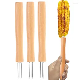 Forks Corn Holders Stainless Steel Cob Skewers Fruit Wooden Handle Outdoor BBQ Tools Picnic Cooking