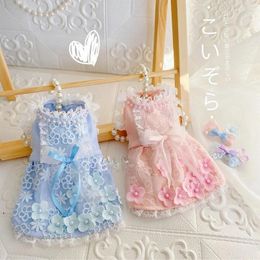 Dog Apparel Unique Handmade Clothes Pet Supplies Dress Cotton One Piece Orange Pink Tulle Lace 3D Little Flowers Fairy Princess