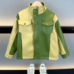 Jackets Cool Boy PU Leather Jacket For Kids Coat Patchwork Design Children Coats Spring Autumn Baby Overwear Outfits 2 4 6 8 9 10 Years