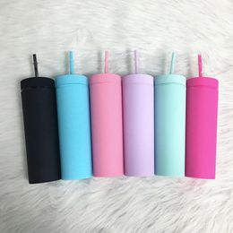 16oz Acrylic Slim Skinny Tumbler Colourful Matte Water Bottle With Lid Straw Double Wall For Year Party Gifts 240124